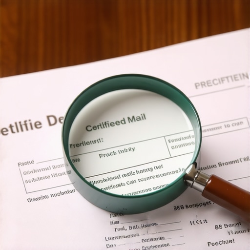 A magnifying glass focusing on a certified mail tracking number for a credit dispute.