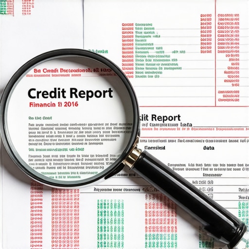 Magnifying glass over a credit report showing detailed dispute analysis.