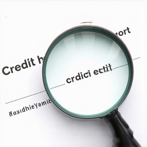 Expert Credit Report Audit A magnifying glass highlighting a specific reporting error on a credit document to show detail-oriented auditing.