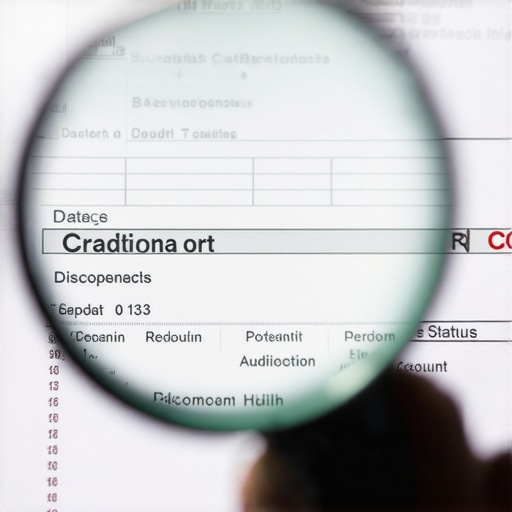 Close up of a person using a magnifying glass to find errors on a credit report.