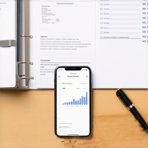 An organized physical credit monitoring folder and smartphone displaying credit score tracking tools on a wooden desk.