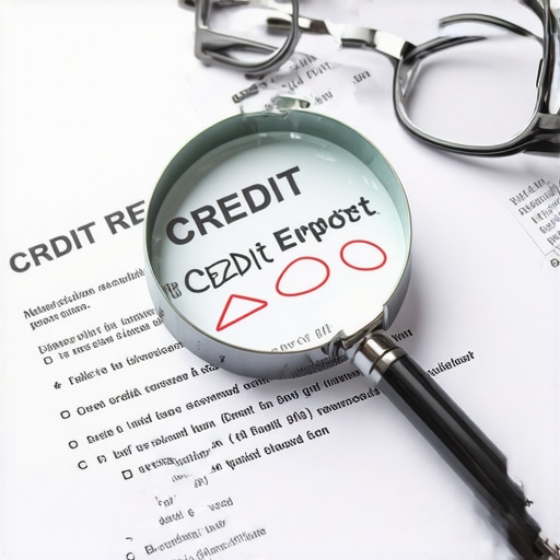 Focusing on Credit Report Errors A magnifying glass highlighting errors and dates on a credit report document.