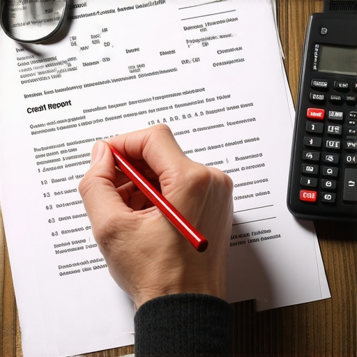 Forensic Credit Report Audit Person circling errors on a paper credit report with a red pen.