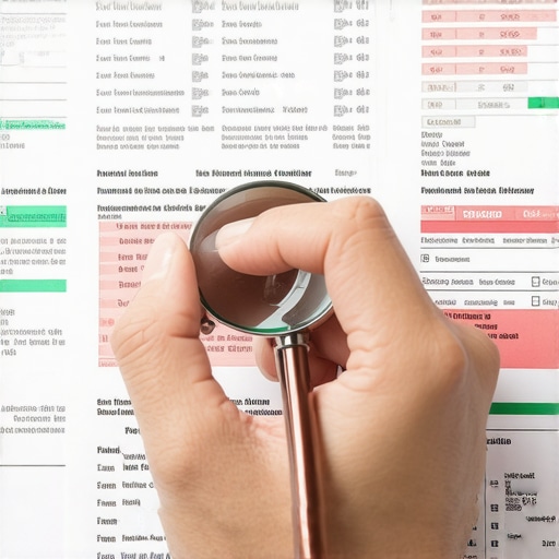 A person using a magnifying glass to inspect a credit report for errors.