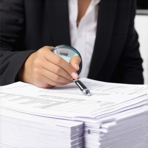 A person using a magnifying glass to check dates on a paper credit report for errors.