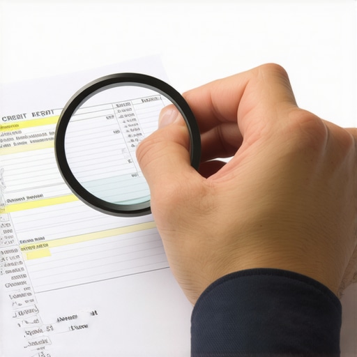 Forensic credit report audit Hands auditing a credit report with a magnifying glass and highlighters.