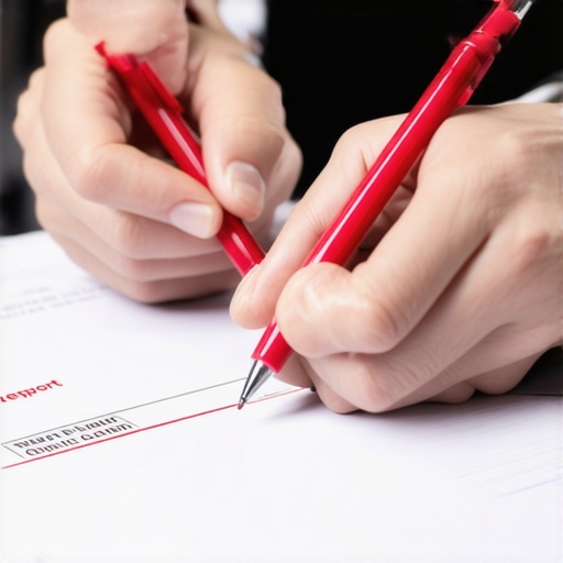 Hands highlighting errors on a paper credit report with a red pen and highlighter.