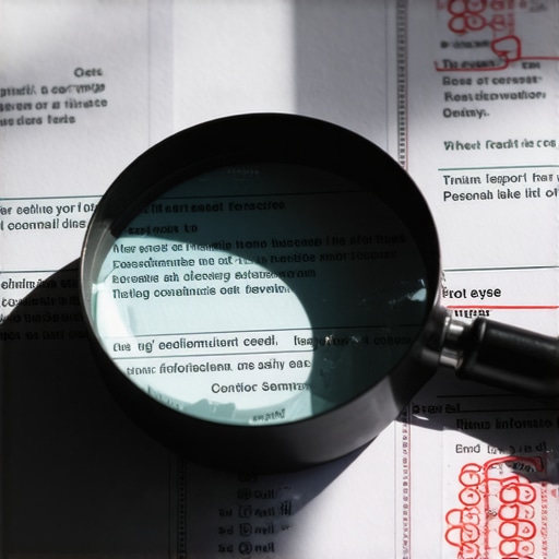 A magnifying glass focusing on corrected errors on a credit report document.