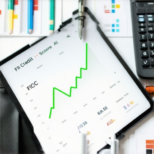 Digital tablet displaying a rising FICO credit score chart and financial tools.