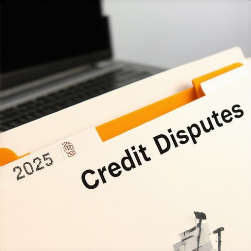 An organized credit dispute file folder with certified mail receipts and a laptop showing credit growth.