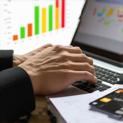 Person monitoring credit score trends on a laptop with financial tools