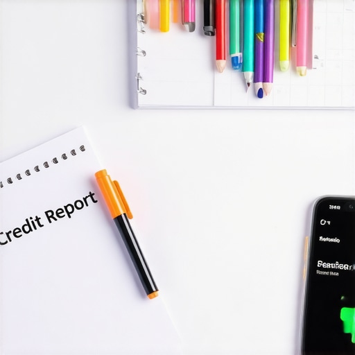 A clean desk showing a highlighted paper credit report, folders, and a phone displaying credit alert notifications.