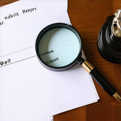 A detailed paper credit report being reviewed with a magnifying glass on a wooden desk.