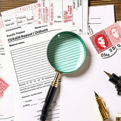 A desk with a credit report, magnifying glass, and physical mail envelopes for credit repair.