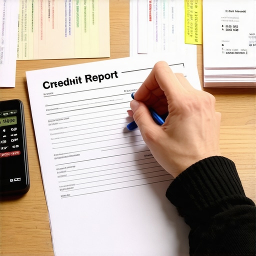 A detailed view of a person manually auditing a credit report with professional tools and mail receipts.