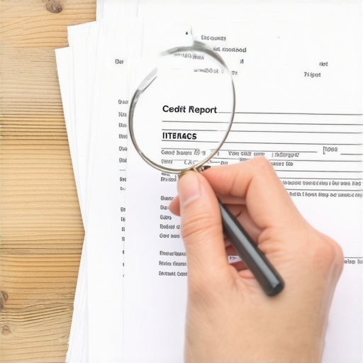 Person inspecting paper credit reports for errors and split files.