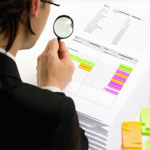 A person using a magnifying glass to find errors on a paper credit report for manual dispute.