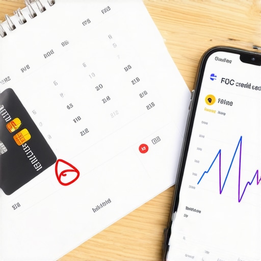 A calendar highlighting a credit card statement date next to a phone showing a high credit score.