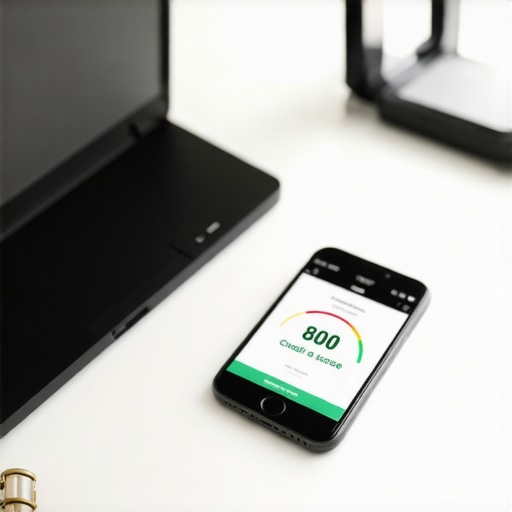 A desk with a laptop and phone showing a high credit score and financial planning tools.