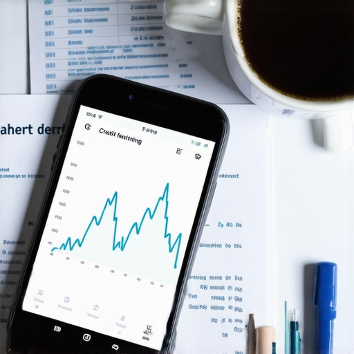 A smartphone showing a credit score graph next to a physical credit report with blue ink notes.