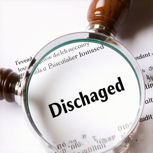 Close up of a stamped court discharge paper with a magnifying glass highlighting the official date.