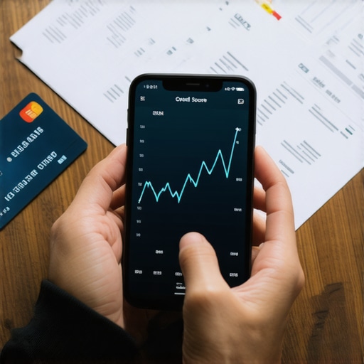 A person reviewing their credit score on a phone while managing bank statements and credit cards.