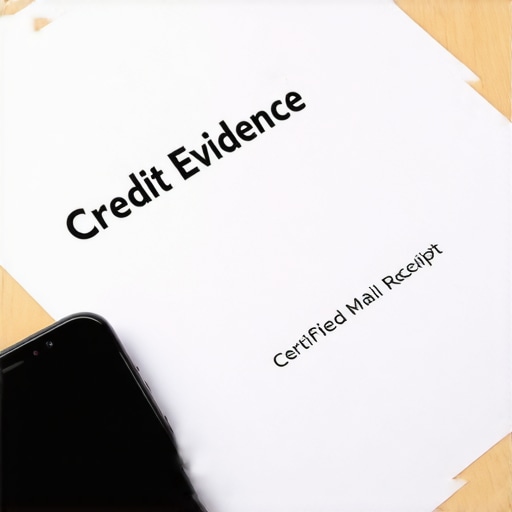 A file folder and certified mail receipt used for disputing credit report errors.