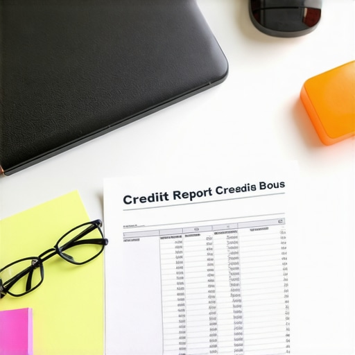 Personal audit log and credit report being reviewed on a home office desk.