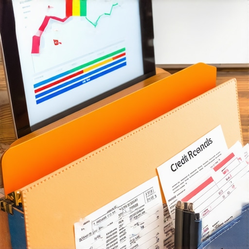 An accordion folder with credit dispute documents and certified mail receipts on a desk.