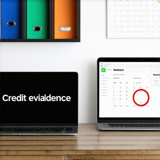 Organized Credit Evidence Log and Audit Setup A desk with a physical credit paper trail and digital tools for FICO score maintenance.