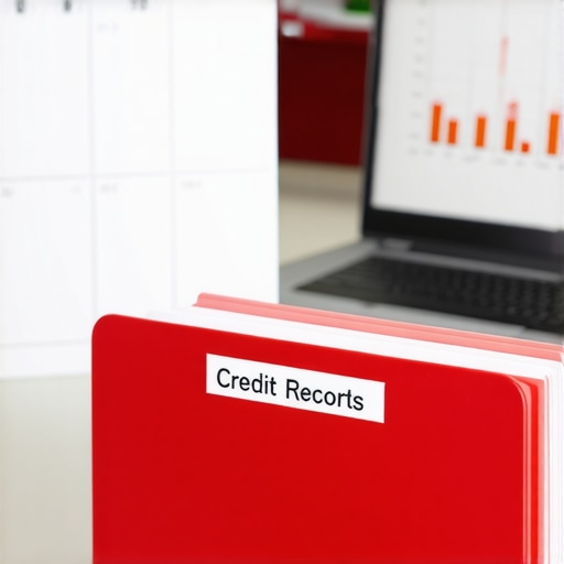 A desk with credit tracking tools and a red folder for dispute records.