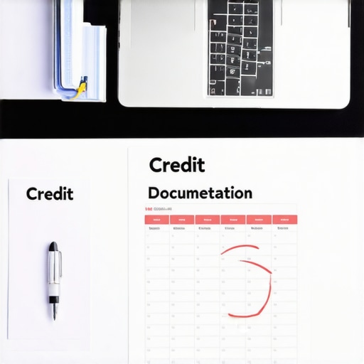 Organized Credit Maintenance Toolkit A desk with a folder, laptop, and calendar used for tracking credit scores and dispute documentation.