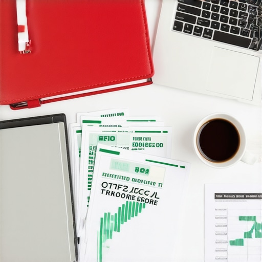 A desk with credit repair documentation and a rising credit score on a laptop