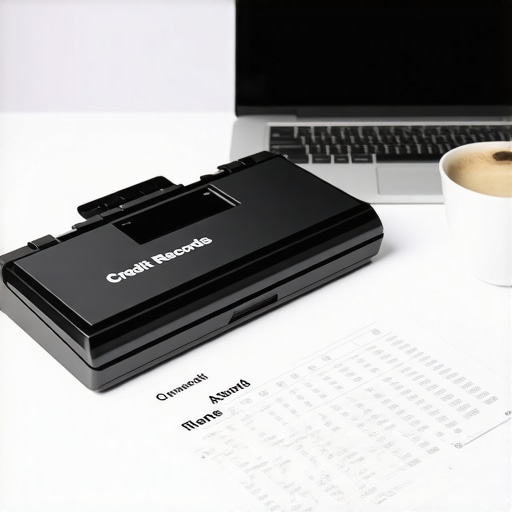 A desk setup showing a scanner and files used for credit repair maintenance and record keeping.