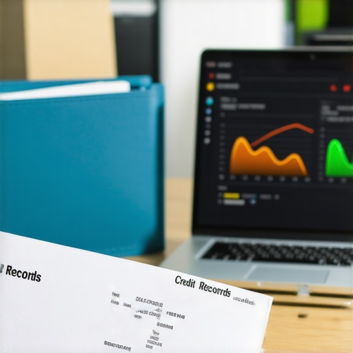 A desk with a credit records folder and certified mail receipts representing credit maintenance.