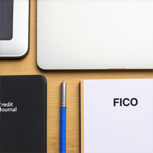 A physical credit journal and laptop showing a credit score dashboard for long-term maintenance.