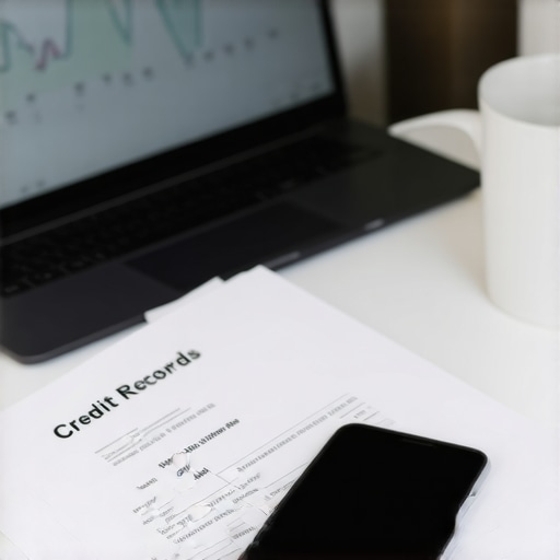 A smartphone scanning a medical bill next to an organized credit records folder to maintain FICO scores.