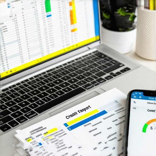 A desk with a laptop and credit reports showing a high FICO score