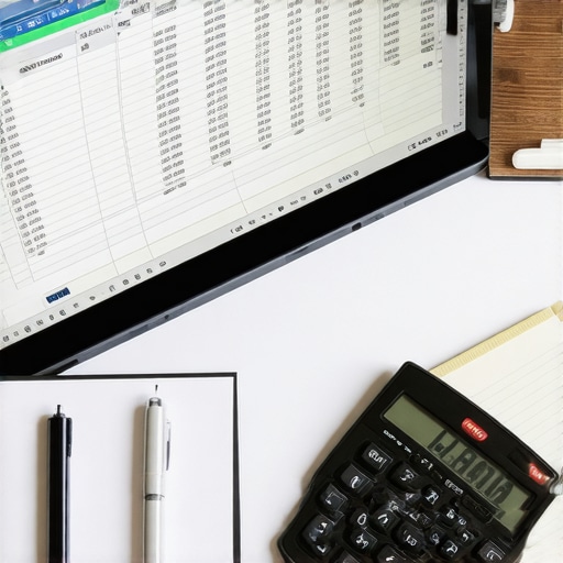 A laptop showing a credit tracking spreadsheet next to a notebook and calculator on a clean desk.