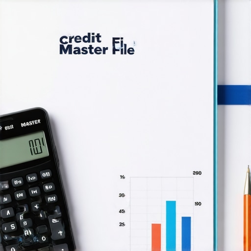 A physical credit master file folder and smartphone tracking credit score growth