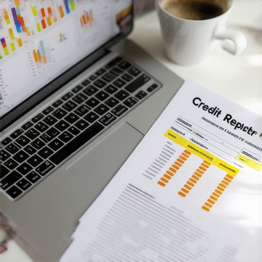 Organized credit monitoring workspace A desk with a laptop and credit reports showing manual credit tracking methods