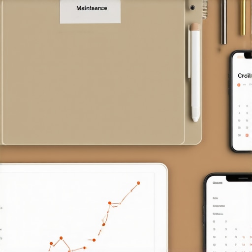 Organized tools and methods for credit score maintenance A desk with credit files, a tablet graph, and a calendar alert for credit payment tracking.