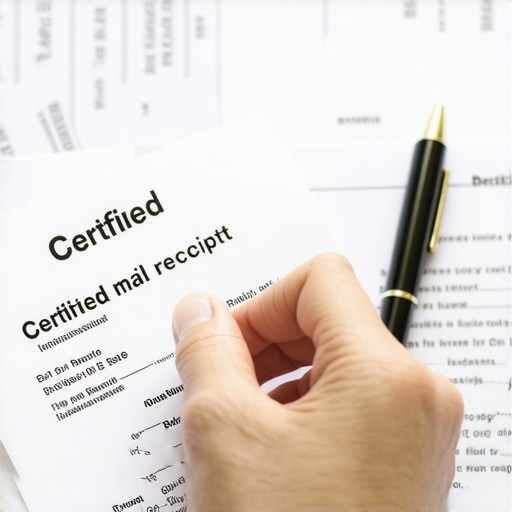 A person holding a certified mail receipt over a stack of credit reports and dispute letters.