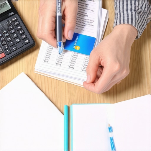 A person organizing financial documents and a calculator to improve their credit score.