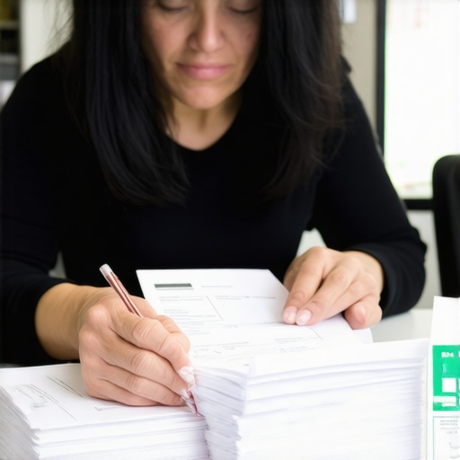 A person organizing medical bills and certified mail receipts to dispute credit errors.