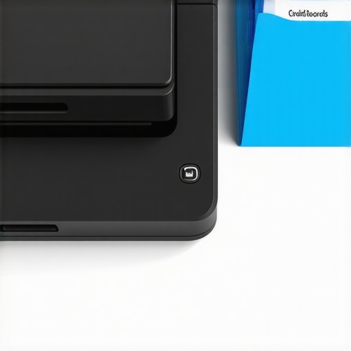 Organizing credit repair documentation with a document scanner A professional workspace featuring a scanner and organized files for credit maintenance.