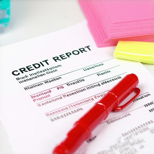 Credit report and financial documents on a desk with a red pen for auditing errors.