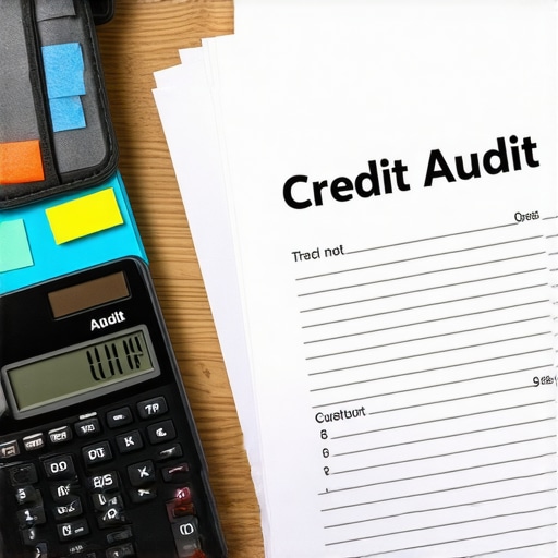 A physical credit audit file with documents and a calculator for manual tracking.
