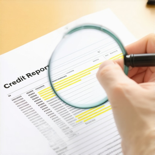 Close up of a credit report being audited with a magnifying glass and highlighter.