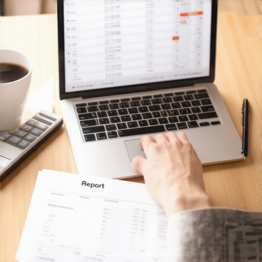 A person performing a monthly credit audit using a spreadsheet and laptop